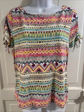 Rafaella Boho Geo Print Short-Sleeve Top - Multicolor Size MP